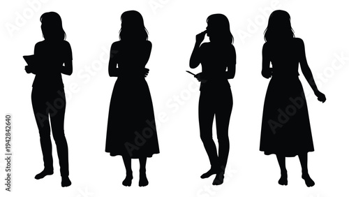 Silhouettes of four women in various poses appearing to be engaged in different activities