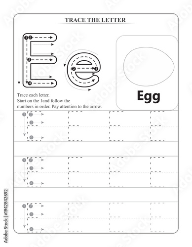 Alphabet Letter E Tracing Worksheet for Kids - Uppercase and Lowercase E Handwriting Practice