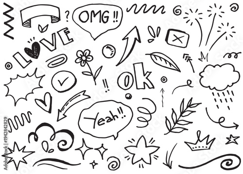 A collection of hand drawn doodles and speech bubbles with various expressions
