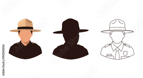 Three variations of a park ranger portrait color silhouette and line art
