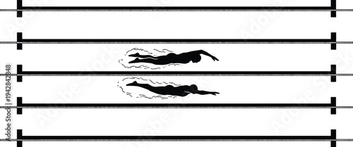 Top view black silhouette of two competitive swimmers racing in a swimming pool with lane lines isolated on white background.