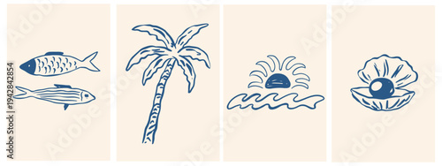 Italian amalfi sicily doodle beach illustration set. Summer vacation, tropical naive coastal sketch style elements palm tree, sun, seashell. Vector sea travel collection for card, poster, placard