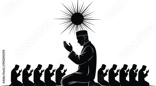 Muslim men praying silhouette illustration, Islamic religious prayer concept, spiritual devotion, Ramadan Kareem, group worship with sun and light rays.