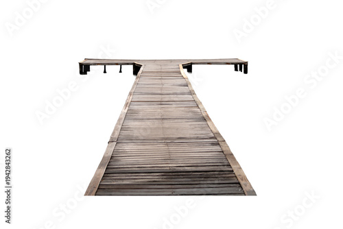 Rustic wooden pier in perspective overlooking a lake, isolated against a transparent background for nautical landscape design, tourism, leisure, peace and contemplation.