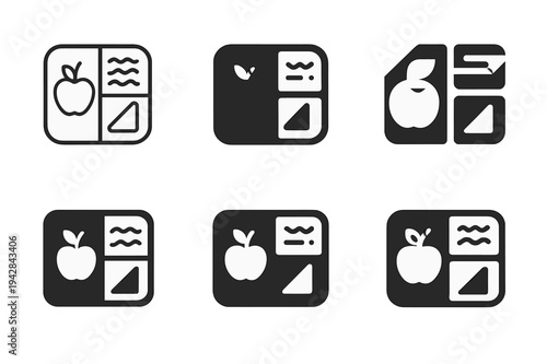 School Lunch Logo Variations. Preparing school lunch. Icon set. Set Logo of preparing school lunch: bento lunch box. harmonious logo variations of the same