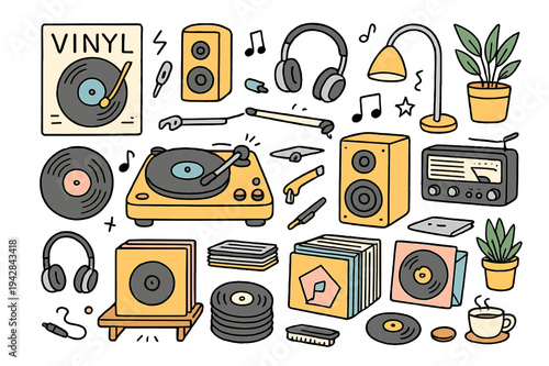 Retro Vinyl Wonderland. Vinyl display. Hand-drawn doodle illustration record player (colored), vinyl records (colored), turntable (colored), speaker (colored),
