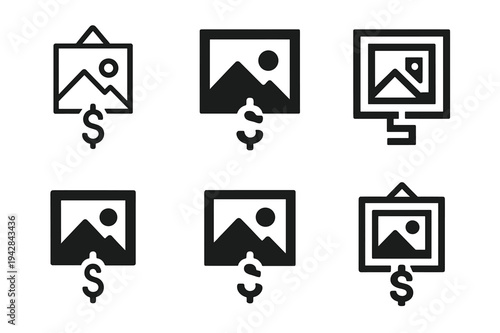 Budget Home Decor Icons. Home decor on a budget. Icon set. Set Logo of Home decor on a budget: DIY wall art frame. harmonious logo variations of the same