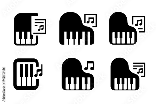 Piano Logo Variations. Piano and sheet music. Icon set. Set Logo of Piano and sheet music: piano key octave. harmonious logo variations of the same emblematic