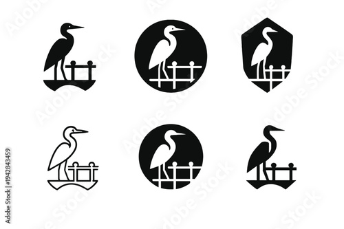 Urban Wildlife Logos. Urban wildlife. Icon set. Set Logo of Urban wildlife: heron by canal railing. harmonious logo variations of the same emblematic concept,
