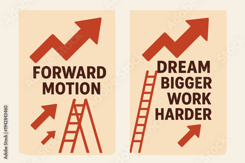 Inspirational Banners Design. Forward motion. Two vertical A6 banners with safe margins, centered composition, no elements touching edges, flat vector design,