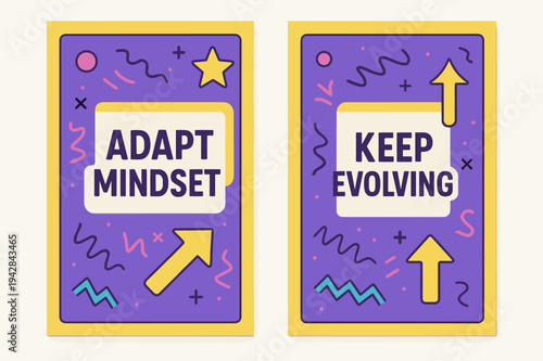 Adapt and Evolve Banners. Adapt mindset. Two vertical A6 banners with safe margins, centered composition, no elements touching edges, memphis, purple and