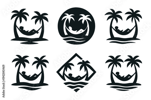Tropical Hammock Logos. A traveler relaxing in a hammock between two palm trees, on a tropical island. Icon set. Set Logo of A traveler relaxing in a hammock