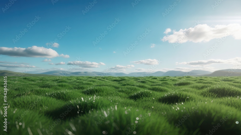 Fototapeta premium A vibrant green grassy field with small bumps extends under a clear blue sky.