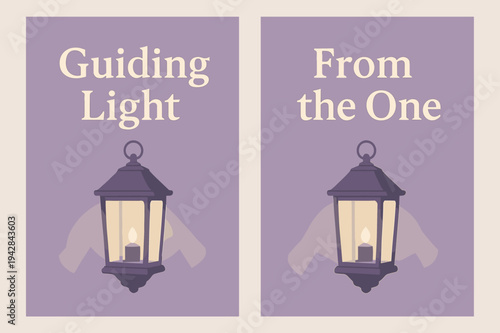 Lavender Lantern Banners. Light of Guidance. Two vertical A6 banners with safe margins, centered composition, no elements touching edges, modern, lavender and
