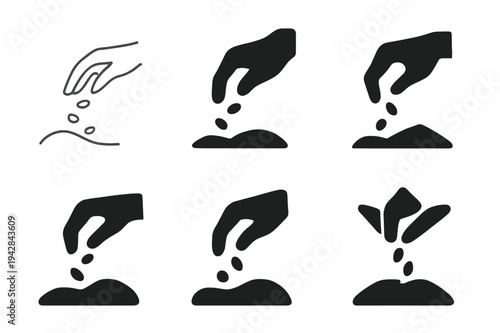 Seed Planting Icons. Planting seeds. Icon set. Set Logo of Planting seeds: hand sowing seeds into soil. harmonious logo variations of the same emblematic