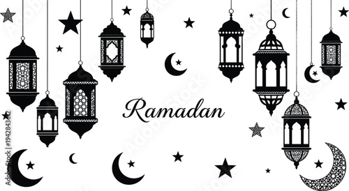 Ramadan Kareem background with hanging lanterns silhouette, crescent moon and star icons, decorative Islamic lamps for religious holiday greeting cards.