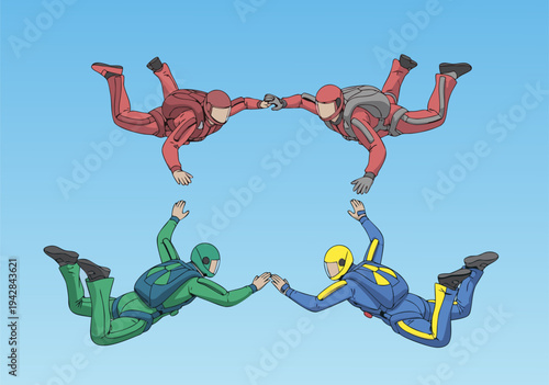 High-energy vector illustration depicting professional skydivers engaging in formation freefall against a bright blue sky, perfect for extreme sports and adventure themes