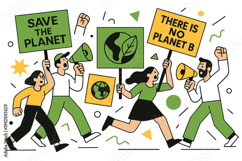 Vibrant Environmental March. Environmental Protests. Wide view of environmental march with banners, megaphones, and floating abstract geometric shapes,