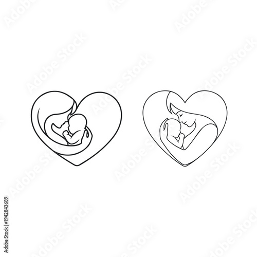 Mother's Day Icon Set. Mother and Baby Cuddling in Heart. Minimalist Line Art Vector Illustration.
