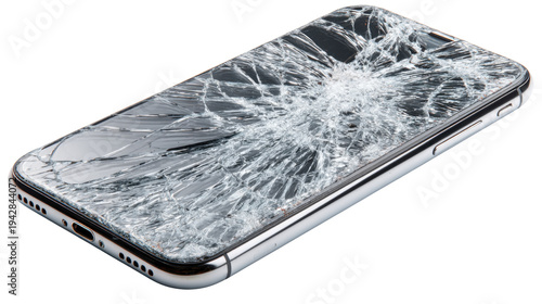 Broken smartphone with shattered cracked screen isolated on transparent background, damaged mobile phone display, technology accident repair service insurance concept device