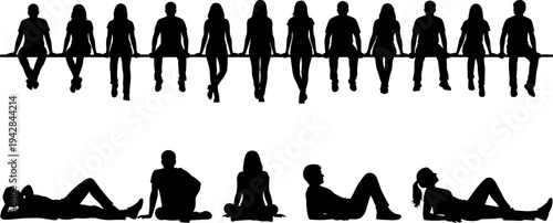 Black silhouette of people sitting on edge and lying on floor set, isolated flat vector illustration for graphic design projects.