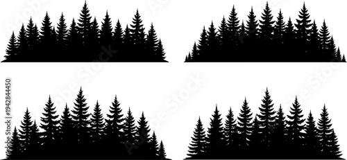 Black spruce forest silhouette set, pine tree woods landscape, evergreen coniferous timberland, nature park outdoor environment, wilderness flat vector illustration.