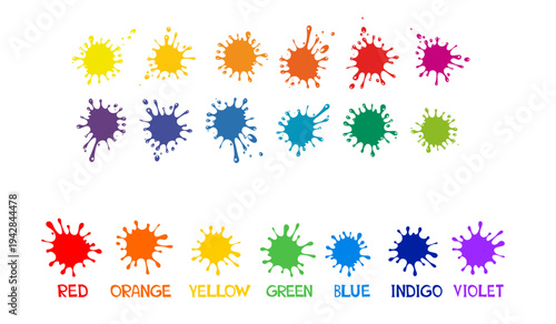 Rainbow splash background. Set of colored blots on the white background. 12 +7  colors set. Rainbow colors. back to school. art and craft projects, scrapbooks.  Splash splatter abstract shape. 