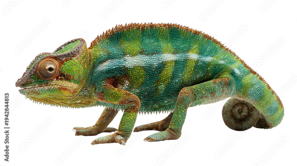 Obraz premium Colorful chameleon reptile isolated on transparent background detailed exotic lizard wildlife animal camouflage tropical nature macro photography concept
