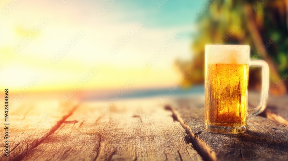 Obraz premium Enjoying cold beer on wooden table by the beach at sunset time