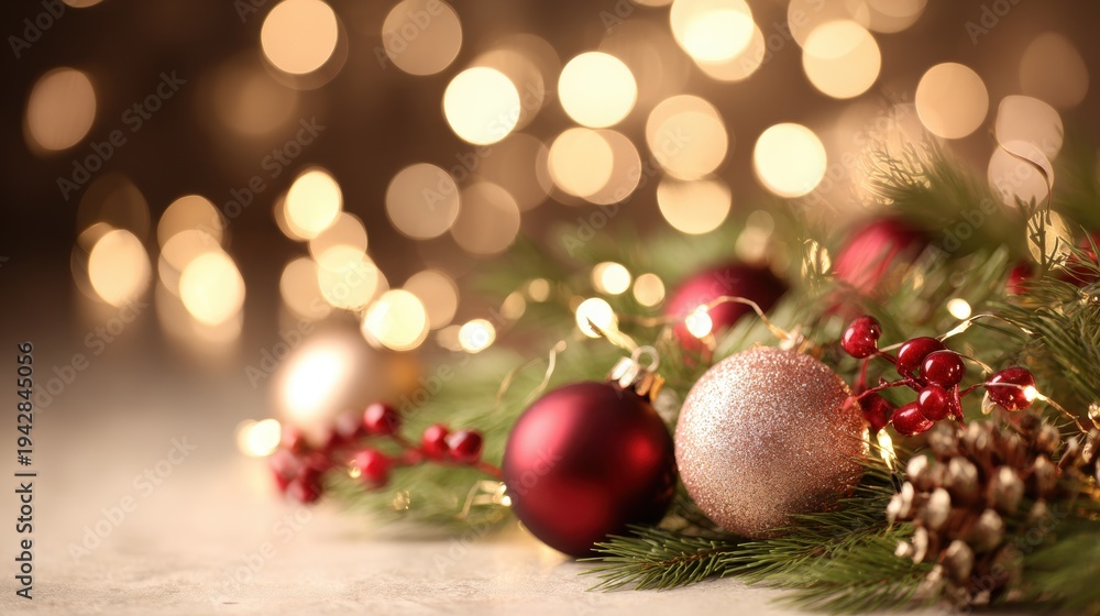 Obraz premium Holiday ornaments and greenery on a light background during the festive season
