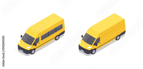 A set of a yellow van in cargo and passenger versions in isometric views. Vector illustration.