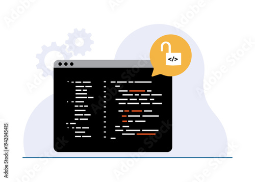 Secure programming window with unlocked padlock symbol stock illustration.