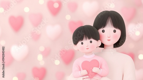 Illustration of a mother and child holding a heart-shaped object against a soft pink background with floating heart shapes and bokeh lights for a festive theme