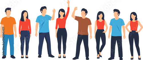 Diverse group of young people standing together in casual outfits, flat vector illustration of men and women isolated on white.