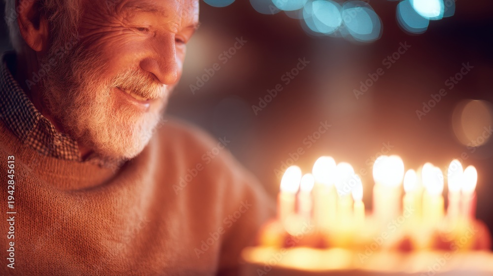 Naklejka premium Elderly man enjoys birthday cake surrounded by glowing candles at night