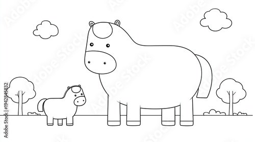 Cartoon illustration of a large horse standing next to a smaller pony in a simple outdoor scene with trees and clouds in the background