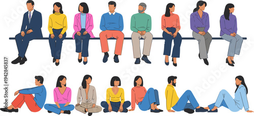 Flat vector illustration of diverse people sitting on edge and floor, men and women in colorful casual outfits, isolated set.