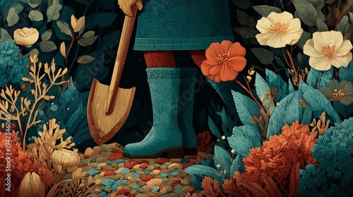 Illustration of a person in blue rubber boots holding a wooden shovel surrounded by colorful flowers and lush foliage in a vibrant garden setting