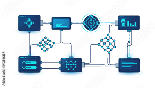 A blue flowchart with various connected boxes and symbols.