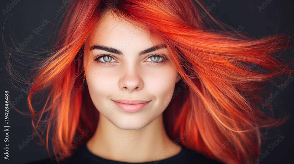 Fototapeta premium Young woman with bright orange hair smiles in a studio setting