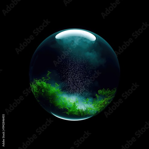 Glowing green plants fill a crystal sphere
