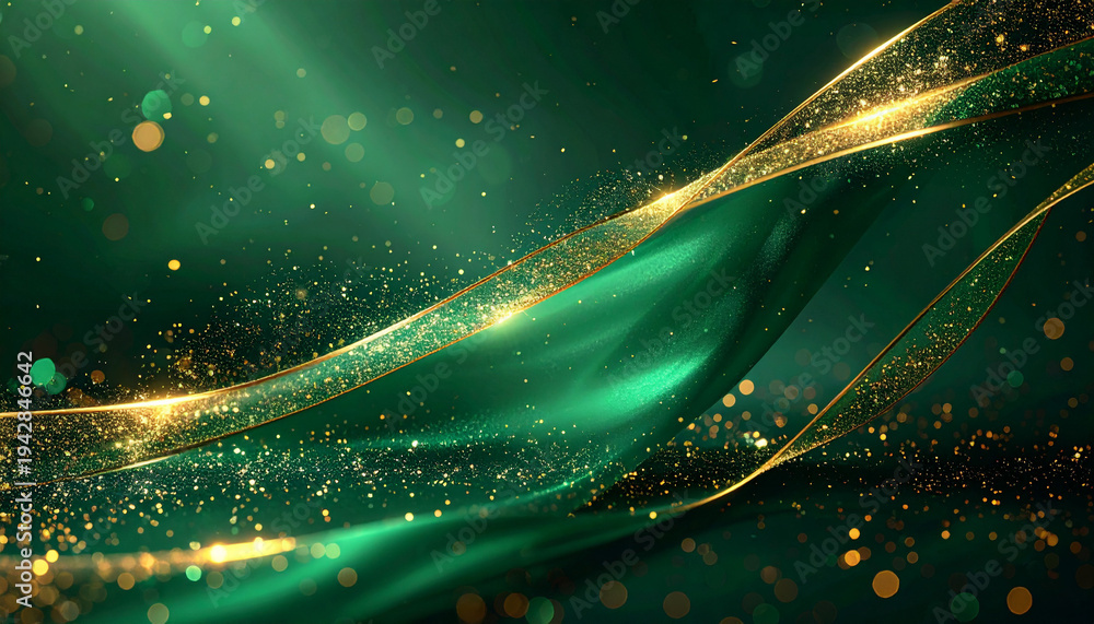 Obraz premium エメラルドの布波にゴールドの輝線が走るリッチな抽象背景