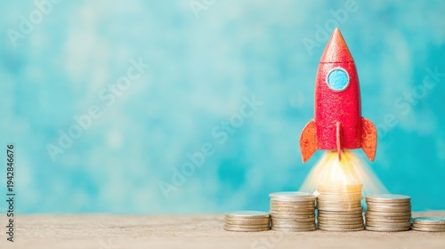 Rocket takes off from a stack of coins on a wooden table with blue background