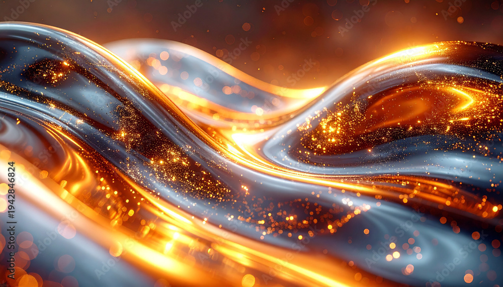 Obraz premium ダークブラウンにシルバーとオレンジ発光波が蛇行するサイバー抽象背景