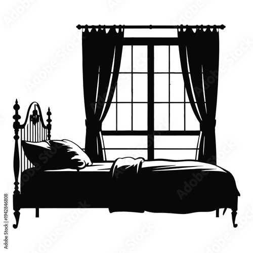 Watercolor-style bedroom Vector, Silhouette, Illustration