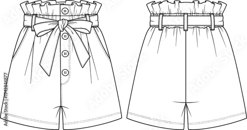 Technical fashion flat sketch of high waisted paperbag shorts, button front detail with waist tie belt, summer apparel template, vector illustration,