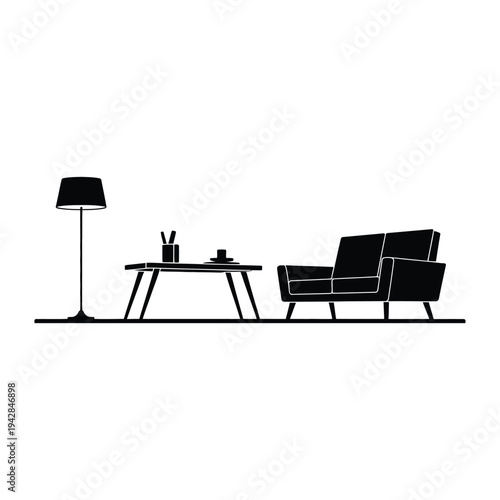 Surreal floating furniture room Vector, Silhouette, Illustration