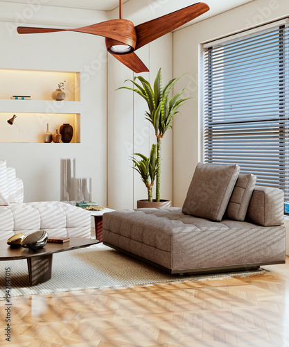 Large illustration 3D rendering luxury modern bright interiors Living room mockup with Couch and Ceiling Fan Ventilation