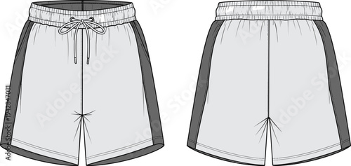 Technical fashion flat sketch of men activewear shorts with elastic waistband drawstring and side panels front and back view template