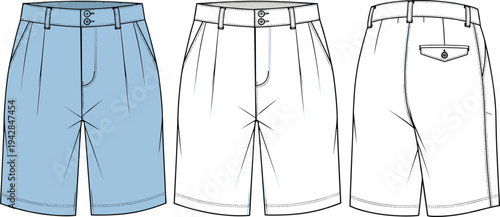 Technical fashion flat sketch of men pleated formal shorts with waistband, belt loops, side pockets, and back buttoned welt pocket